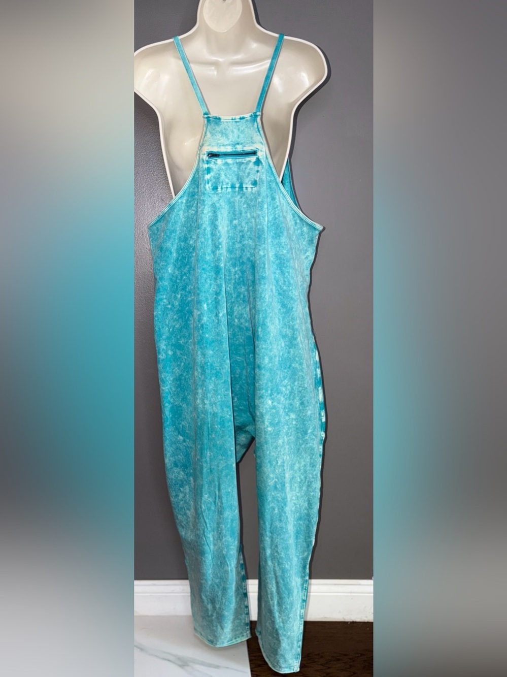 Zenana Teal Acid Wash Boutique Jumpsuit Tapered Leg Overalls Boho Luxe L XL - Picture 2 of 8